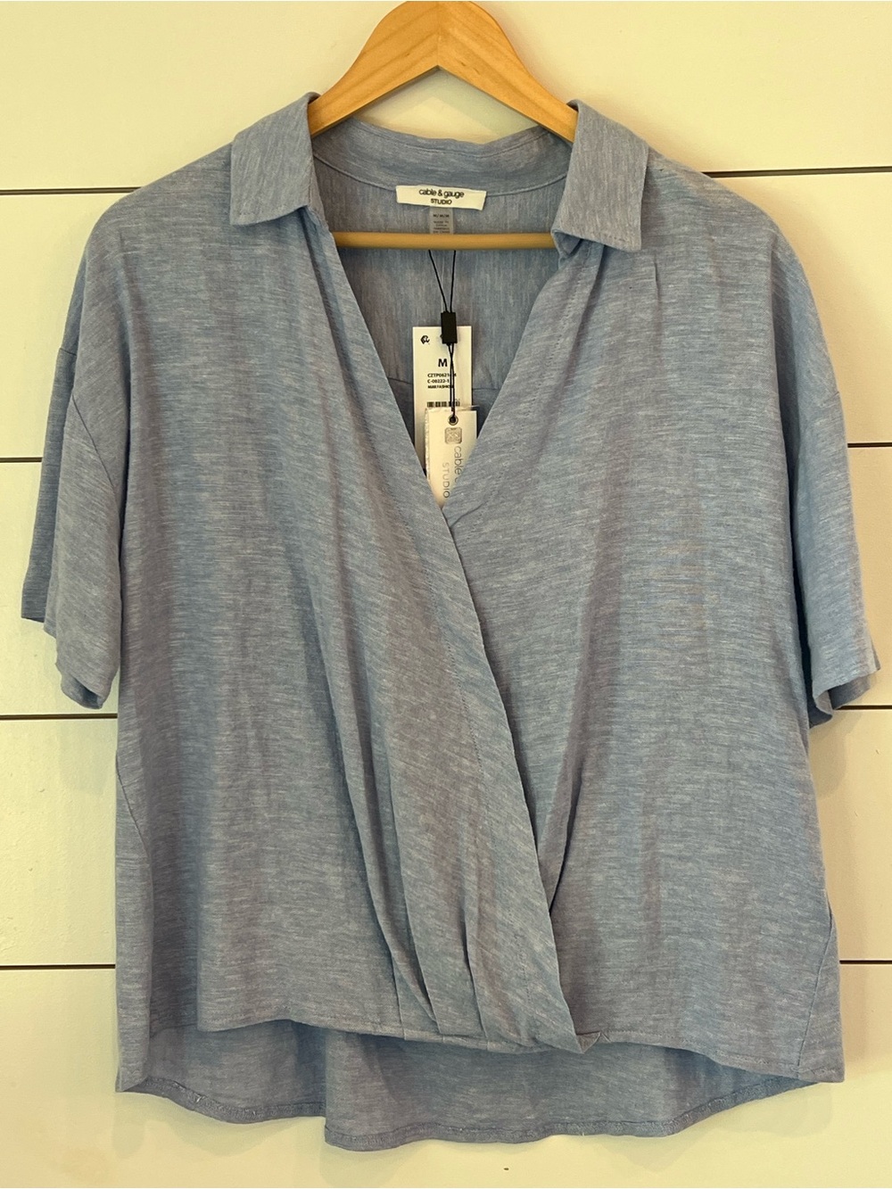 NWT Cable & Gauge‎ Sky Blue Short Sleeve linen Wrap-Front Blouse